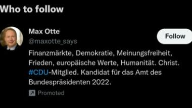 Screenshot von Max Ottes Twitter-Profil, das auf Twitter mit dem Hinweis "Promoted" beworben wurde