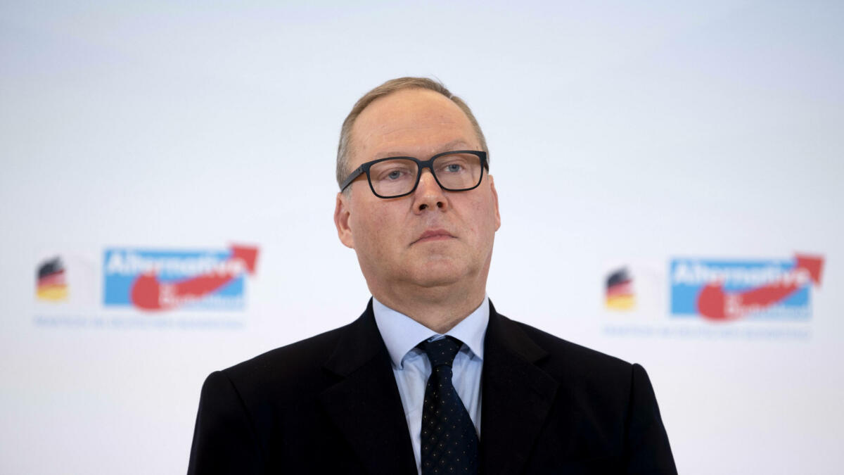 Mann in Anzug mit Brille vor AfD-Schriftzug