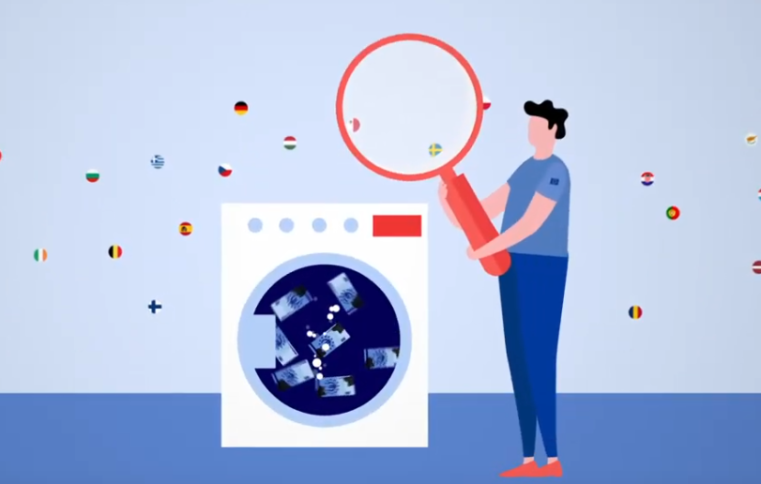 Die Grafik zeigt eine Person die mit einer Luoe neben einer Waschmaschine steht, in deren Trommel sich Geldscheine befinden; das Ensemble wird gerahmt von kleinen Piktogrammen aus Nationalfahnen.