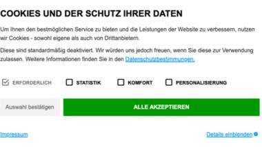 Cookie-Banner mit großem, gründe hinterlegtem Feld "Alle Akzeptieren"