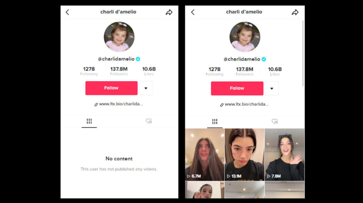 Seite von Charli D'Amelio auf TikTok, links mit Videos, rechts leer