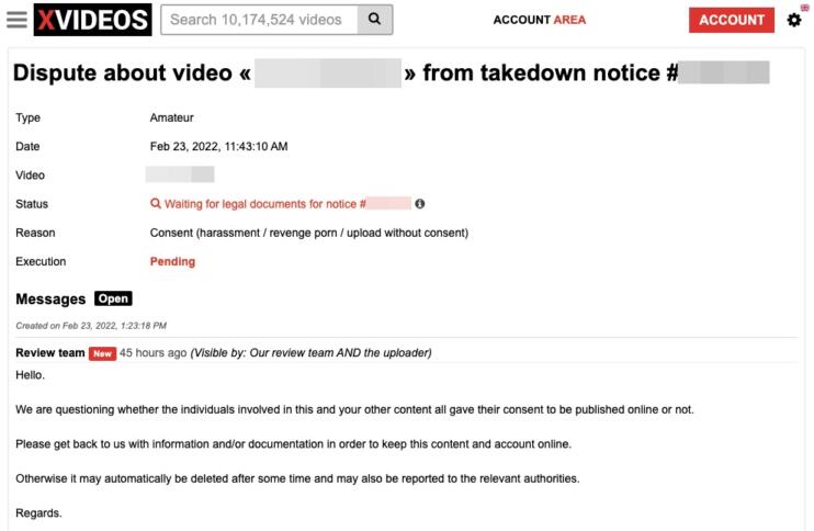Screenshot of Dispute after a video was reported on XVideos.