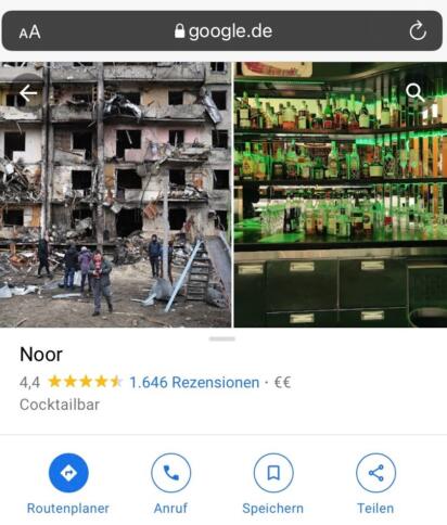 Google Rezension mit Bild von Bar und zerstörtem Haus