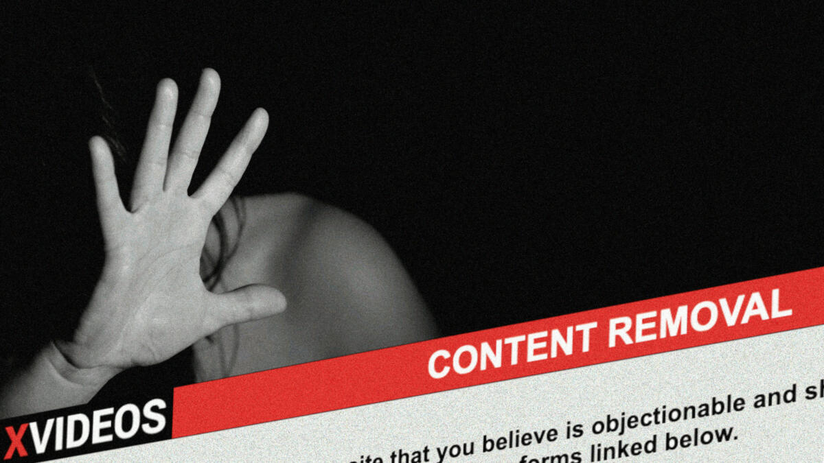 Person hides behind raised hand, black background, red banner reads "content removal"