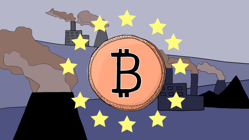 Die Illustration zeigt ein Bitcoin, umrundet von Sternen, die die europäische Flagge symbolisieren sollen. Im Hintergrund sind Kohlekraftwerke.