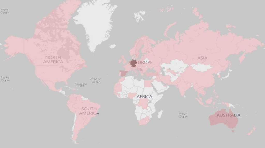 Die Weltkarte zeigt Länder in rot und andere in weiß, letztere vorwiegend in Afrika.