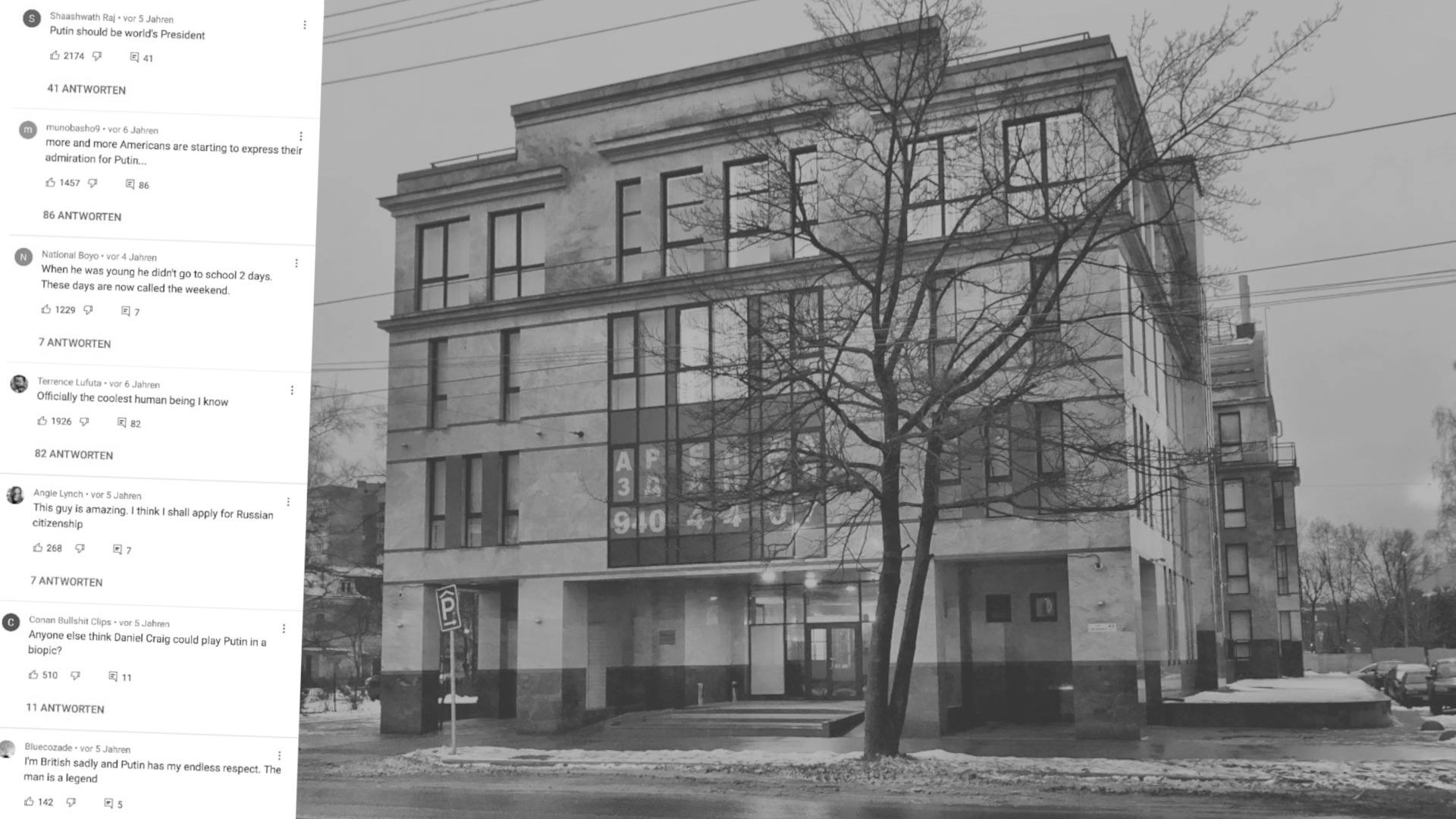 Links auf dem Bild befindet sich ein Screenshot pro-russischer YouTube-Kommentare. In der Mitte ist ein ehemaliges Bürogebäude der russischen Trollfabrik "Internet Research Agency" zu sehen.
