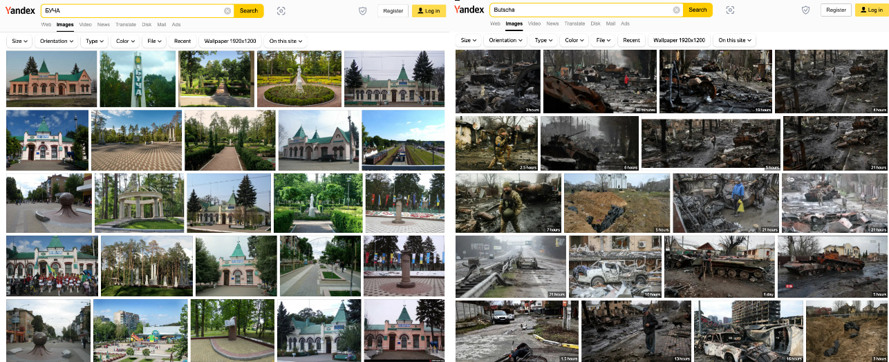 Yandex-Suchergebnisse zu Butscha am 4. April 2022
