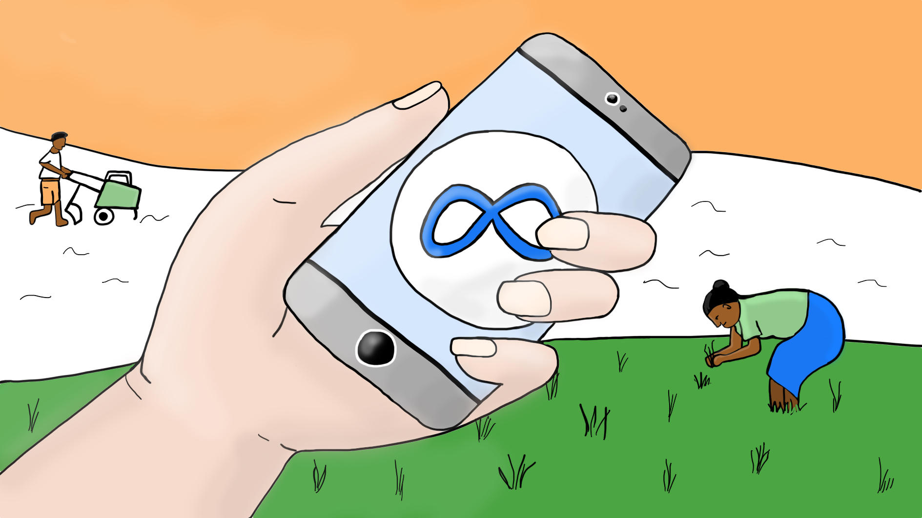 Im Vordergrund: Eine Hand hält ein Smartphone mit Meta-Logo. Im Hintergrund Menschen bei landwirtschaftlicher Arbeit.