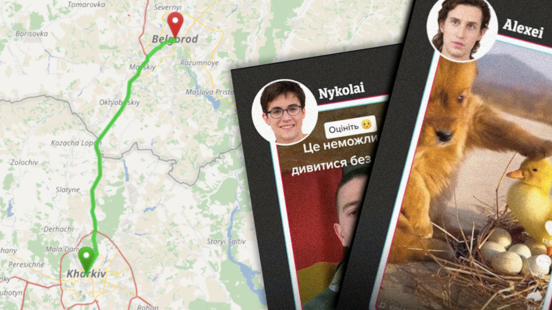Ausschnitt einer Karte zeigt die Route von Charkiv nach Belgorod. Screenshots zeigen Ausschnitte aus dem TikTok-Feed