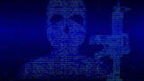 Die blau-schwarze Grafik zeigt ein verpixeltes Bild einer maskierten Person mit einem automatischen Gewehr. Die Pixel sind all Nullen und Einsen dargestellt.