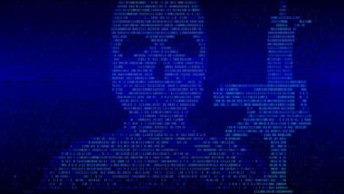 Die blau-schwarze Grafik zeigt ein verpixeltes Bild einer maskierten Person mit einem automatischen Gewehr. Die Pixel sind all Nullen und Einsen dargestellt.