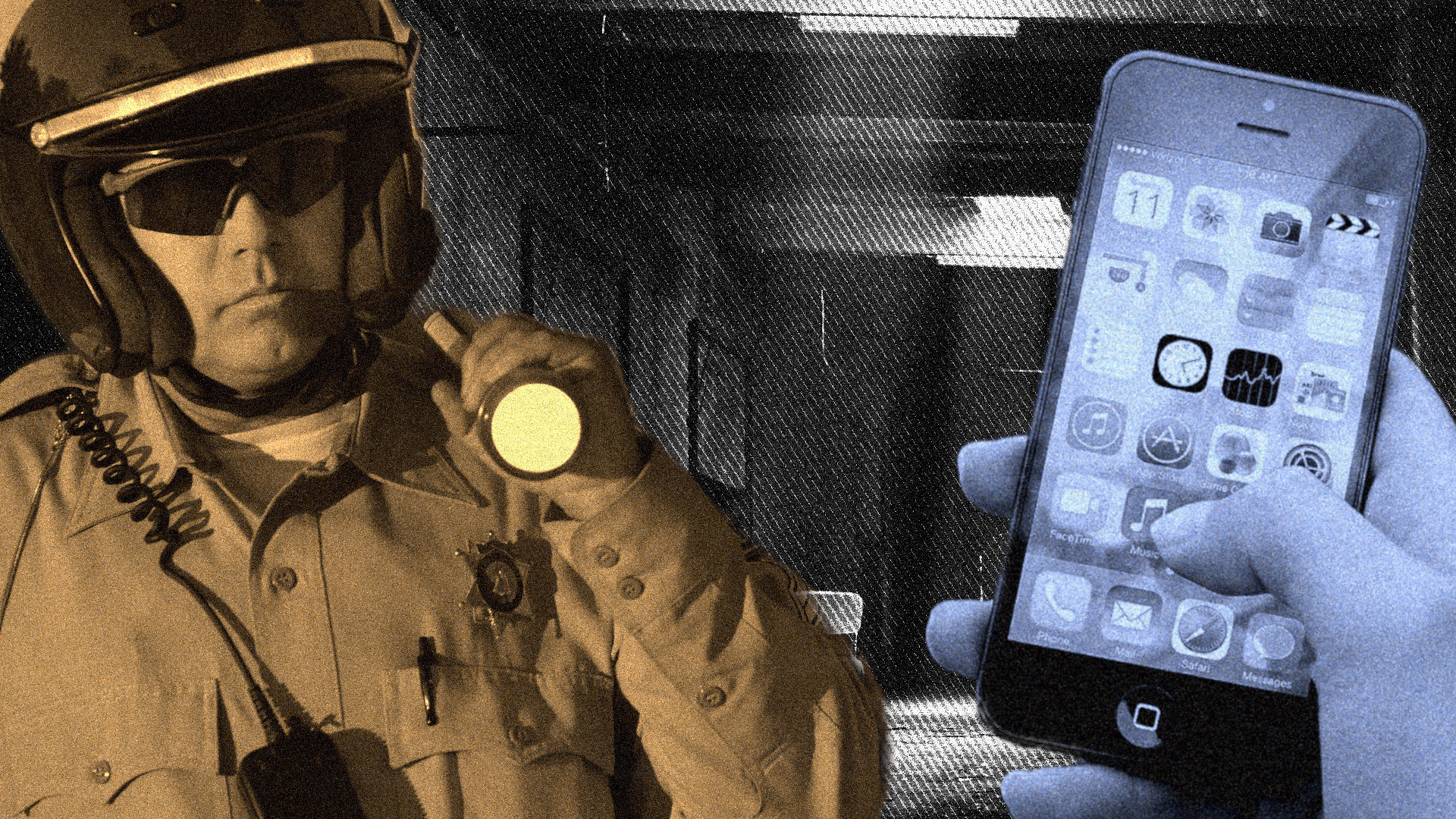 Ein Polizist mit Taschenlampe, eine Hand mit Smartphone