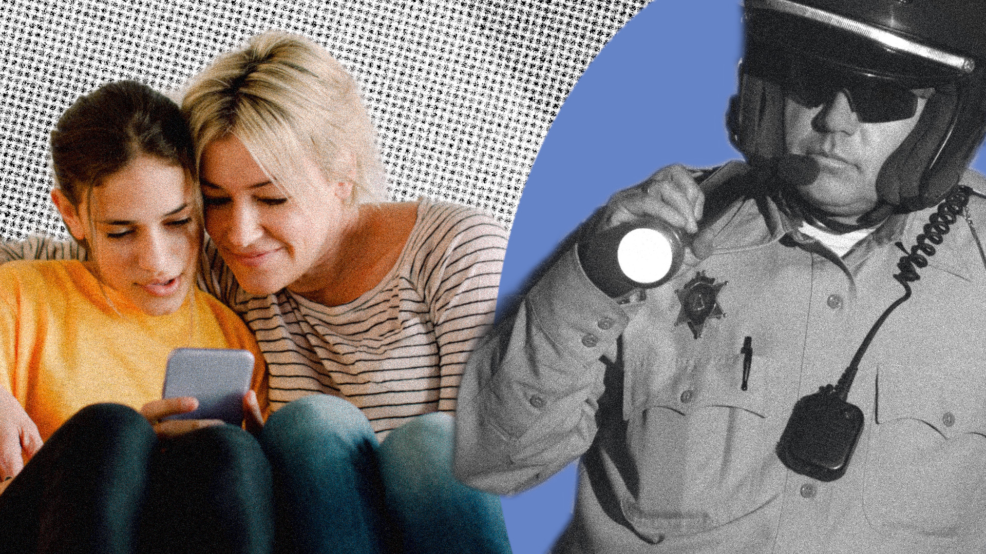 Mutter und Tochter schauen auf ein Handy; ein Polizist kontrolliert mit Taschenlampe