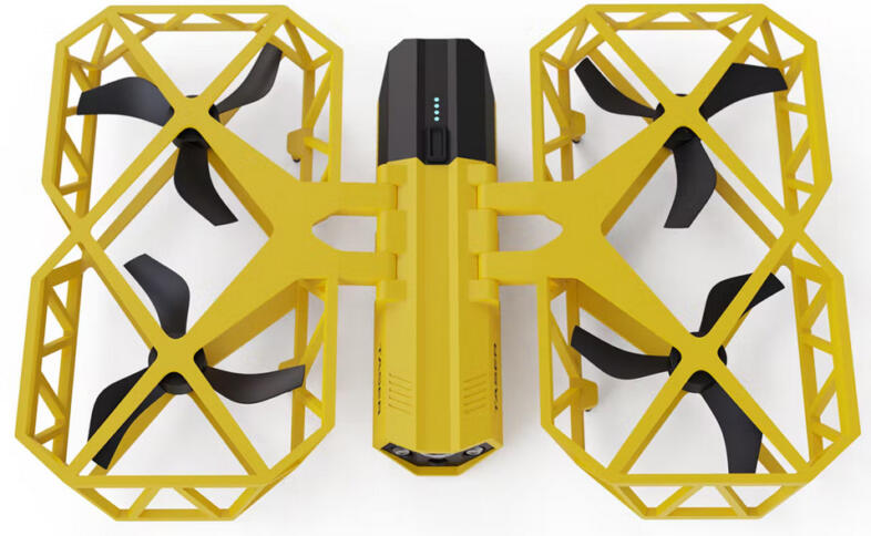 EIn Quadrokopter mit 4 Rotoren von oben in den Farben schwarz und gelb.