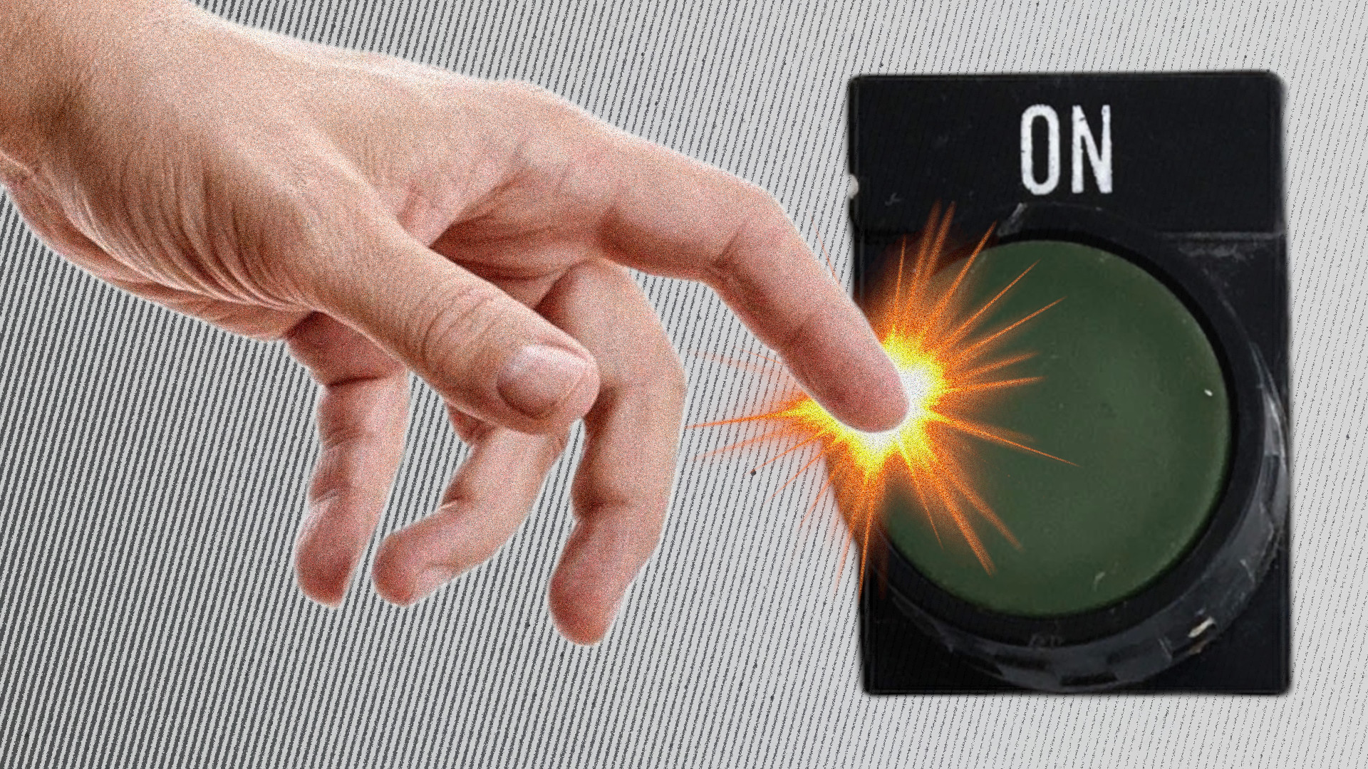 Eine Hand drückt einen Button mit der Aufschrift "on"