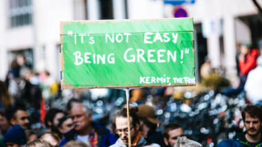 Demonstration für Klimaschutz. Mittig im Bild ist ein grünes Plakat mit der Aufschrift "It's not easy being green".