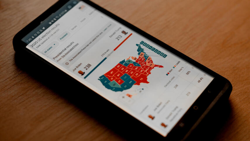 Smartphone mit US-Karte, Aufteilung der Staaten nach der führenden Partei, Republikaner, Demokraten