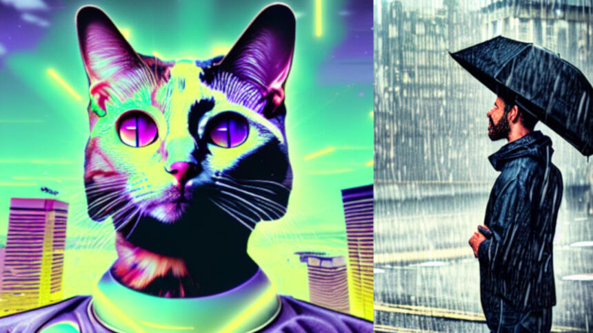 Eine Vaporwave-Katze und ein Mann im Regen