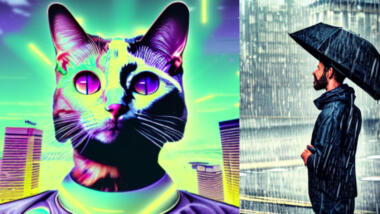 Eine Vaporwave-Katze und ein Mann im Regen