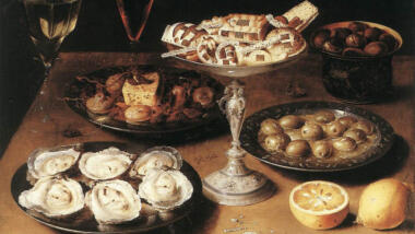 Das Bild zeigt Austern und einen reich gedeckten Tisch. Aber alle müssen den Gürtel enger schnallen.