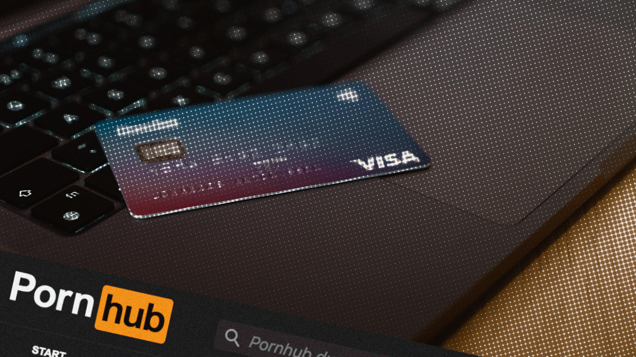 Montage, in Hintergrund eine Visa-Karte auf einer Laptop-Tastatur, darunter die Dachzeile der Website von Pornhub