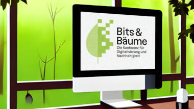 Bildschirm mit dem Logo von Bits & Bäume