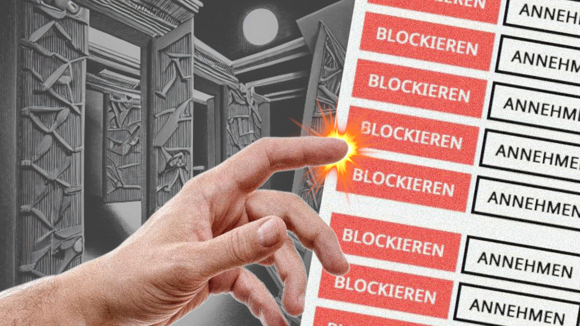 Im Hintergrund ein Labyrinth, im Vordergrund eine Hand, die einzeln Cookie-Option abwählt