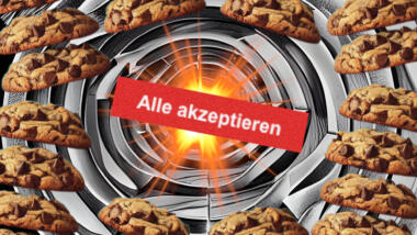 Ein roter, explodierender Button mit "Alle akzeptieren", darum herum lauter Kekse