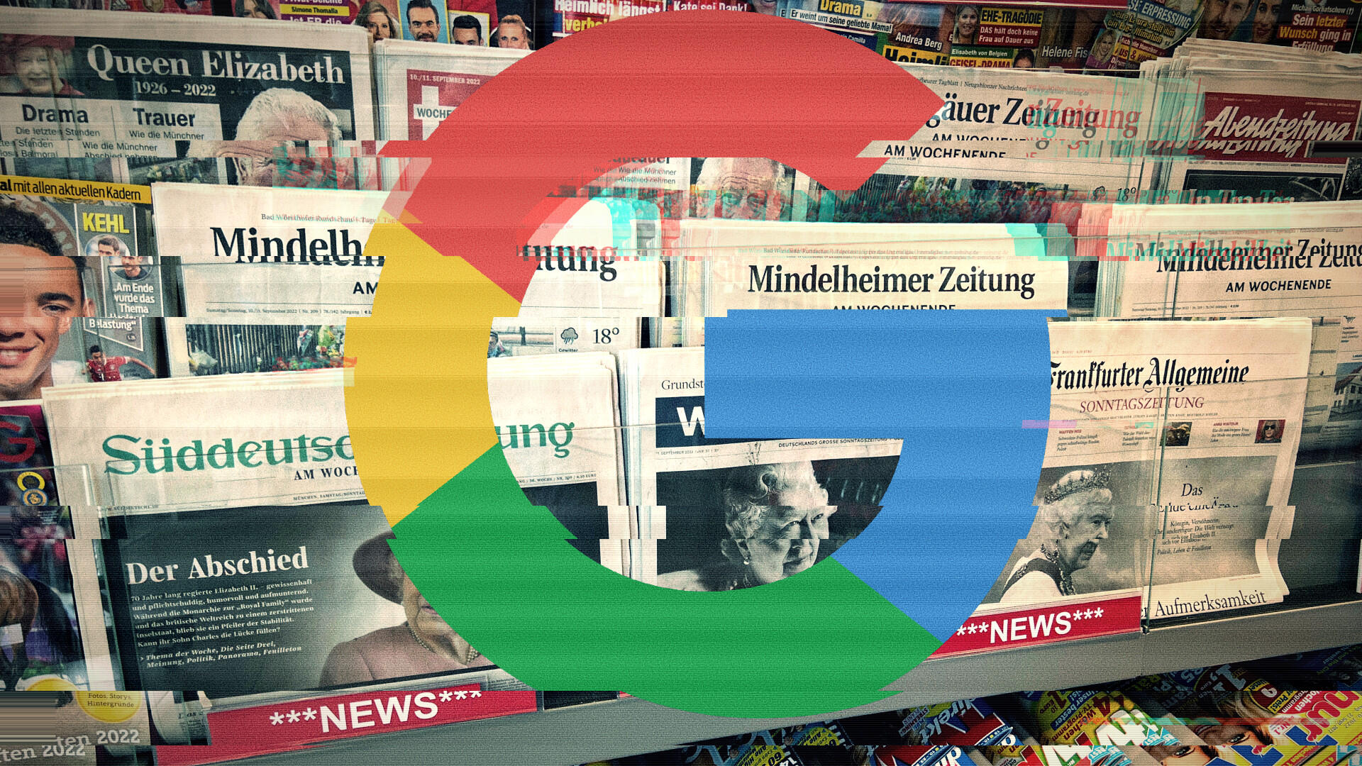 Zeitungen im Kiosk mit Google-Logo davor