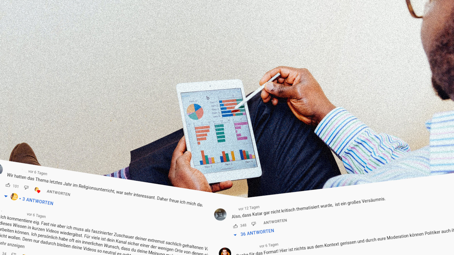 Youtube-Kommentare und ein Tablet mit Diagrammen