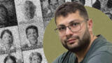 Porträt von PimEyes-CEO Gobronidze, im Hintergrund Gesichter im Raster