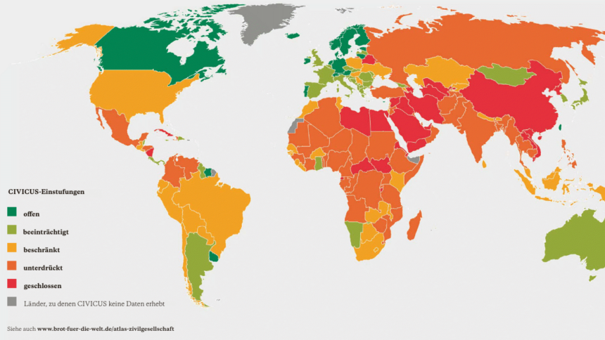 Eine Weltkarte, auf der die jeweiligen Länder farbig markiert sind