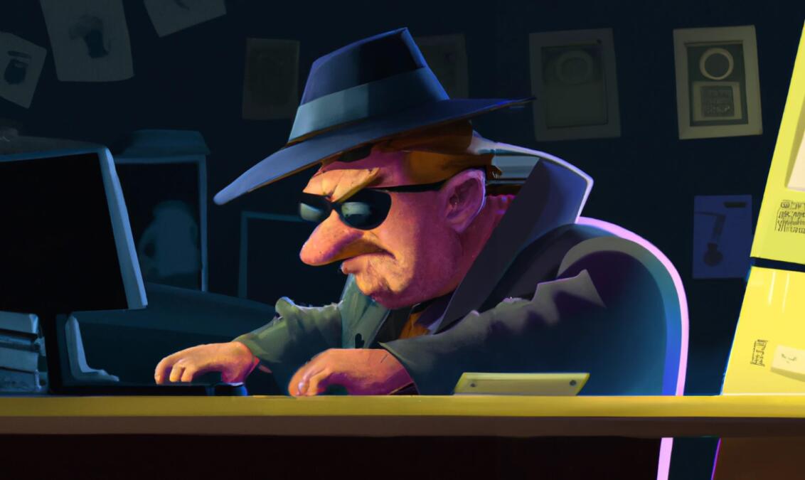 Comiczeichnung eines grimmig blickenden Mannes mit Schlapphut und Sonnenbrille in einem dunklen Raum am Computer