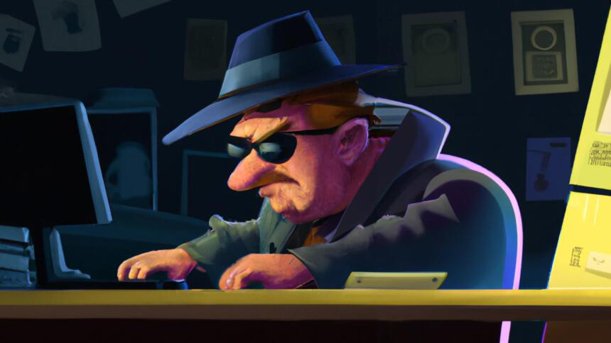 Comiczeichnung eines grimmig blickenden Mannes mit Schlapphut und Sonnenbrille in einem dunklen Raum am Computer