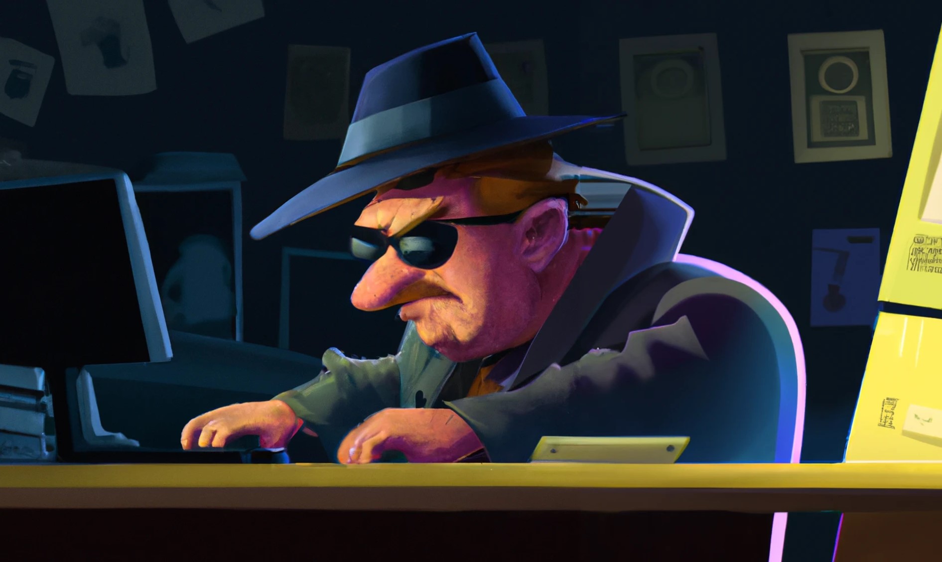 Comiczeichnung eines grimmig blickenden Mannes mit Schlapphut und Sonnenbrille in einem dunklen Raum am Computer