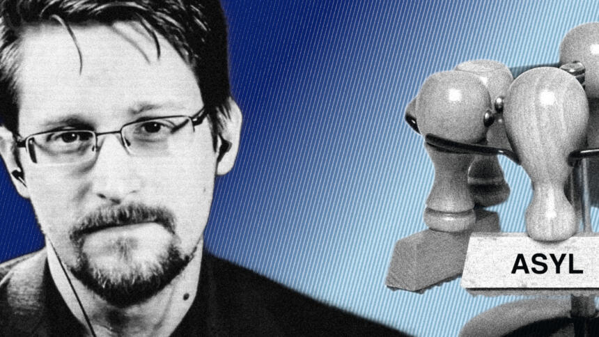 Link ist Snowdens Profil abgebildet, rechts ein Stempel mit der Aufschrift "Asyl".