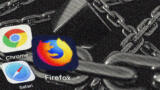 Links sind die Firefox- Safari und Chrome-App zu sehen. Im Hintergrund sind Ketten abgebildet.