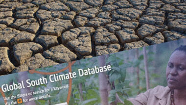 Ausgedörrter Erdboden und ein Screenshot der Global South Climate Database