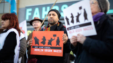 Kundgebung unter dem Motto Solidarität mit den Betroffenen der rechtsextremen Angriffsserie am Internationalen Tag gegen Rassismus in Berlin Neukölln im Jahr 2019