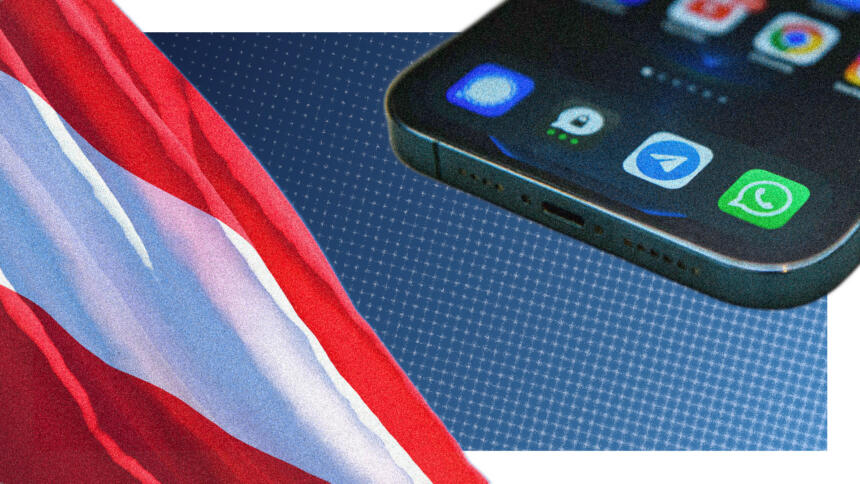 Links unten ist ein Ausschnitt der österreichischen Flagge, rechts oben ein Teil eines Smartphones mit Social-Media-Apps. Der Hintergrund ist blau.
