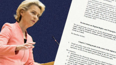 Links ist Ursula von der Leyen abgebildet, rechts ein Ausschnitt aus der Erklärung der digitalen Rechte