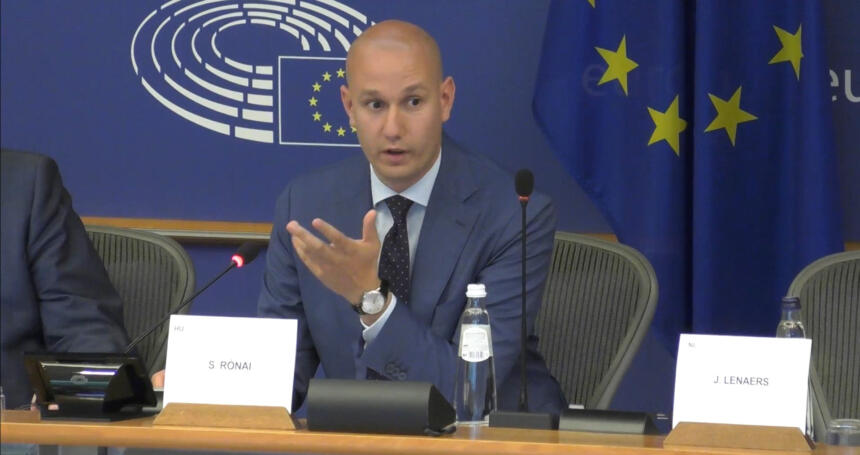Sándor Rónai spricht und macht dabei eine Handbewegung, vor ihm steht sein Namensschild, hinter ihm die Flagge der EU.