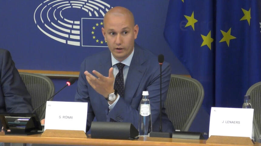 Sándor Rónai spricht und macht dabei eine Handbewegung, vor ihm steht sein Namensschild, hinter ihm die Flagge der EU.