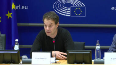 Der Experte Ot van Daalen sitzt auf dem Podium und spricht zu den Abgeordneten des Auschusses.