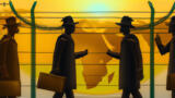 Die Silhouetten von vier Agenten vor einem Zaun mit untergehender Sonne, dahinter eine Weltkarte