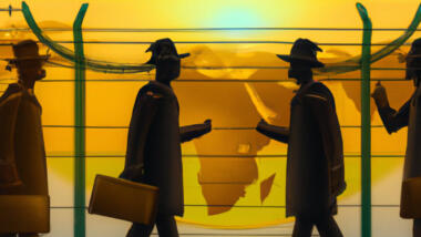 Die Silhouetten von vier Agenten vor einem Zaun mit untergehender Sonne, dahinter eine Weltkarte