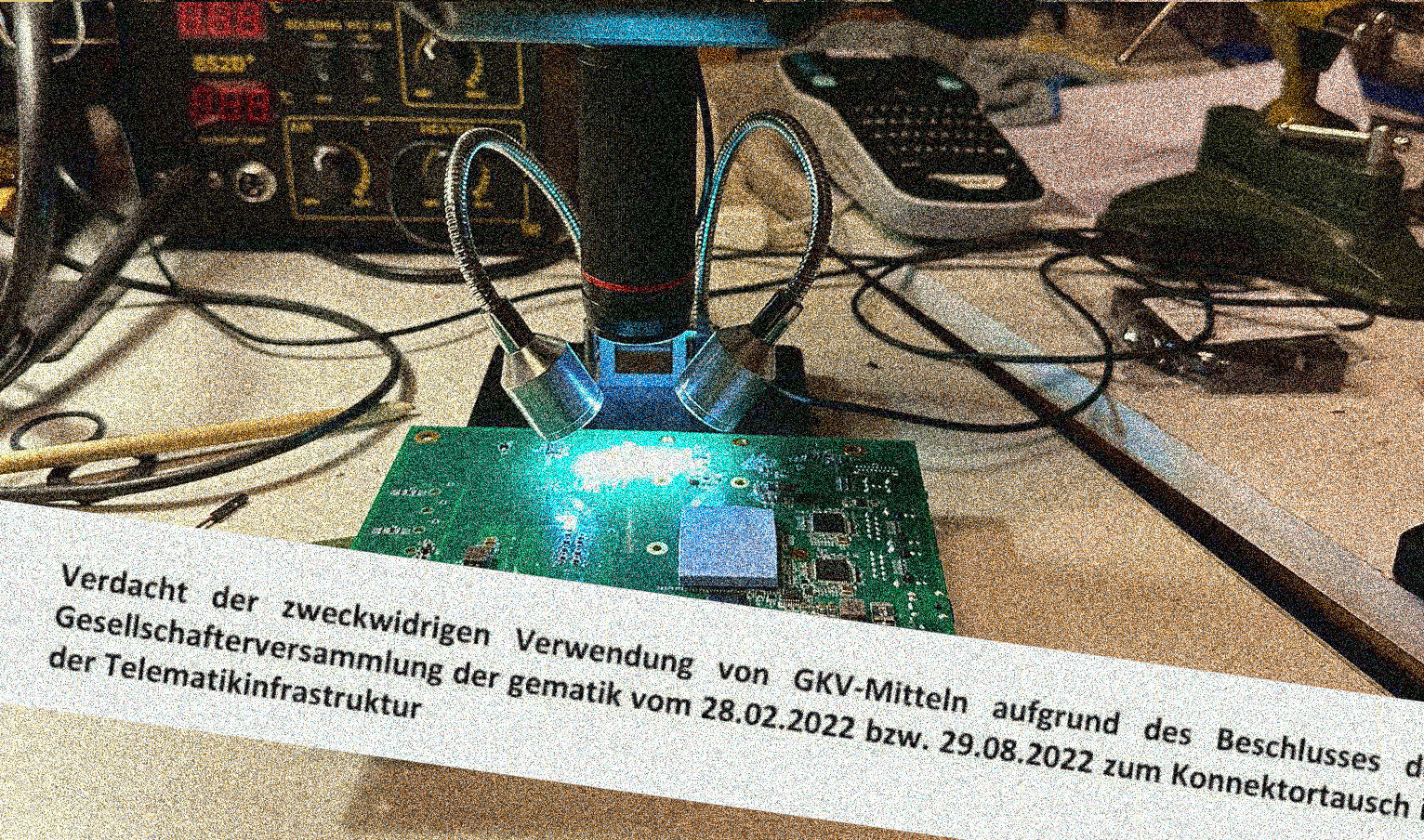 Eine Festplatte wird von zwei Schreibtischlampen beleuchtet, darüber ein Screenshot der Anzeige der Verbände.