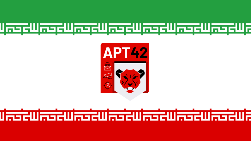 Iranische Flagge mit einem Logo von APT42 im Zentrum