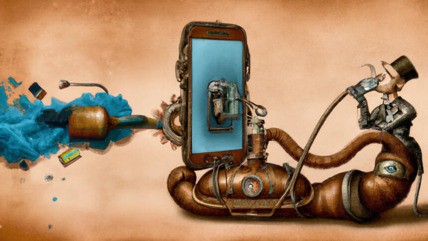 Surreale Darstellung von einem Staubsauger, der aus einem Smartphone Daten absaugt, Steampunk-Optik.